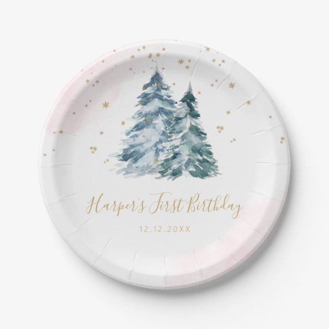 Winter Onederland Pink Snowy Pine Trees Paper Plate (Front)