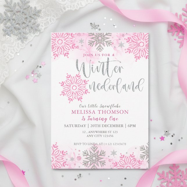 Winter Onederland Pink Sparkle Snowflake Birthday  Invitation (Creator Uploaded)