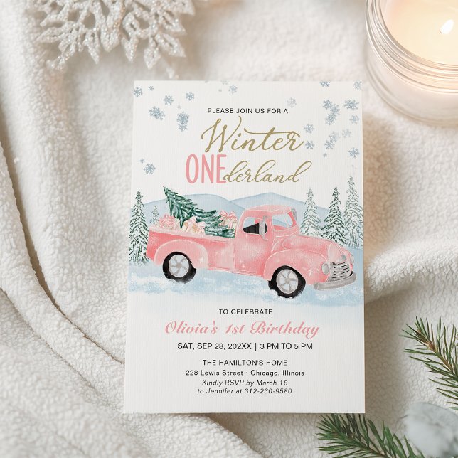 Winter Onederland Pink Truck First Birthday Invitation (Creator Uploaded)