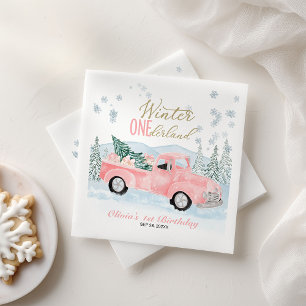 Winter Onederland Pink Truck First Birthday Napkin