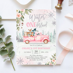 Winter ONEderland Pink Truck Girl 1st Birthday Invitation