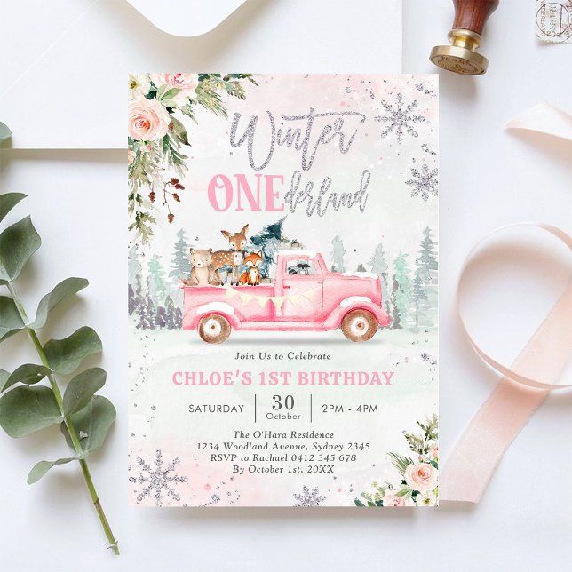 Winter ONEderland Pink Truck Girl 1st Birthday Invitation (Creator Uploaded)