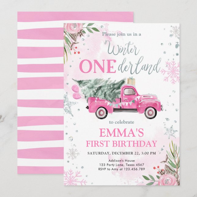 Winter Onederland Pink Truck Girl  First Birthday Invitation (Front/Back)