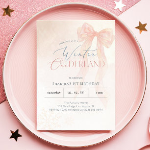 Winter Onederland Pink Watercolor Bow 1st Birthday Invitation