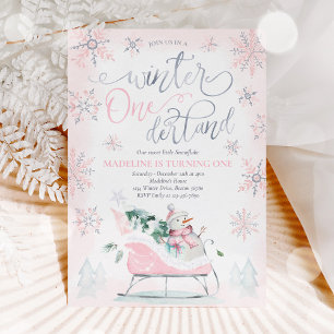 Winter ONEderland Pink Winter Sleigh 1st Birthday  Invitation