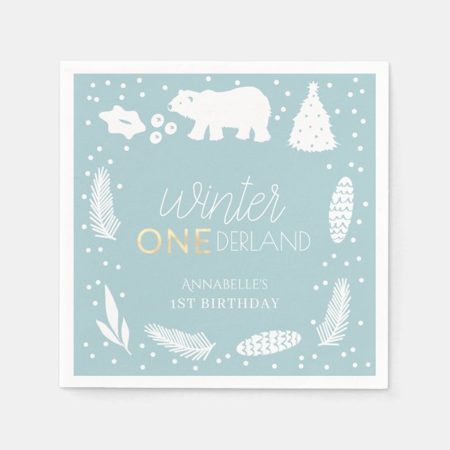 Winter ONEderland Polar Bear Blue 1st Birthday Napkin (Front)