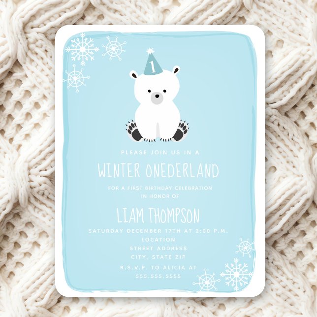 Winter Onederland Polar Bear Blue First Birthday Invitation (Creator Uploaded)