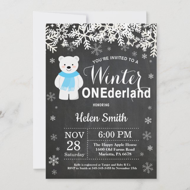 Winter Onederland Polar Bear Boy 1st Birthday Invitation (Front)