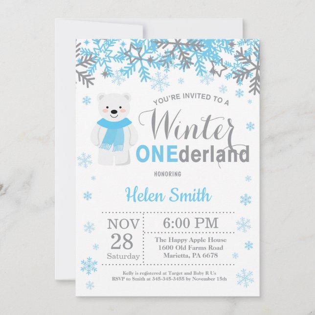 Winter Onederland Polar Bear Boy 1st Birthday Invitation (Front)