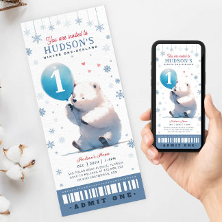 Winter Onederland Polar Bear First Birthday Ticket Invitation