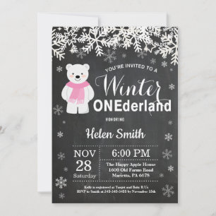 Winter Onederland Polar Bear Girl 1st Birthday Invitation