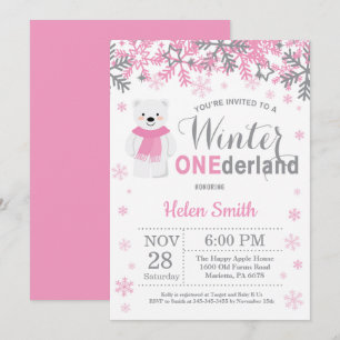 Winter Onederland Polar Bear Girl 1st Birthday Invitation