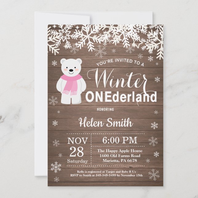 Winter Onederland Polar Bear Girl 1st Birthday Invitation (Front)