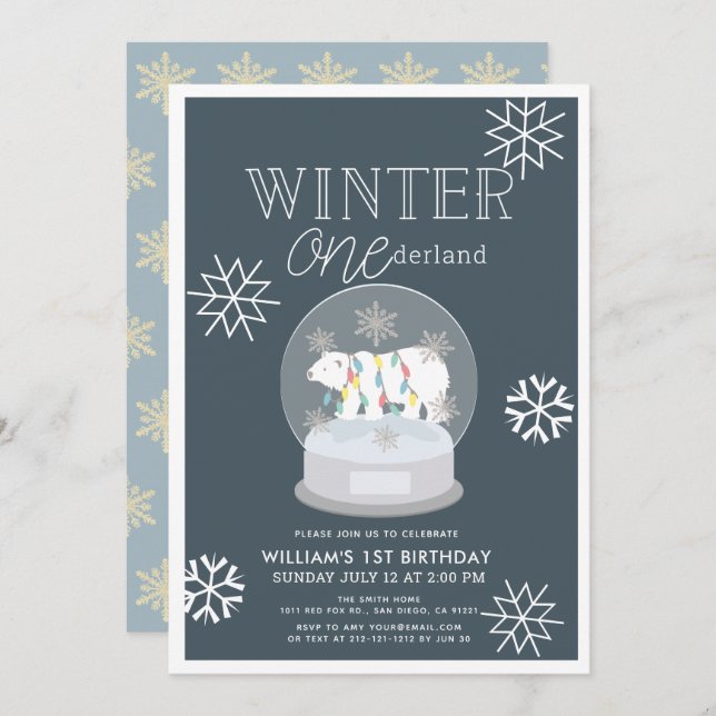 Winter Onederland Polar Bear Navy 1st Birthday Invitation (Front/Back)