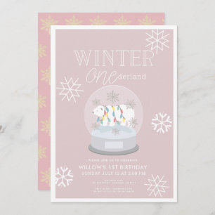 Winter Onederland Polar Bear Pink 1st Birthday Invitation