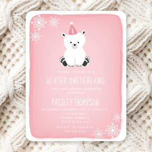 Winter Onederland Polar Bear Pink First Birthday Invitation