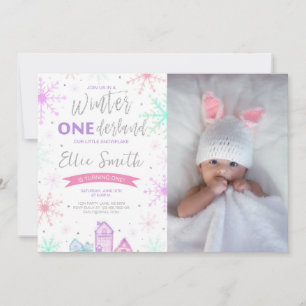 Winter Onederland Purple, Blue and Pink Photo Invitation