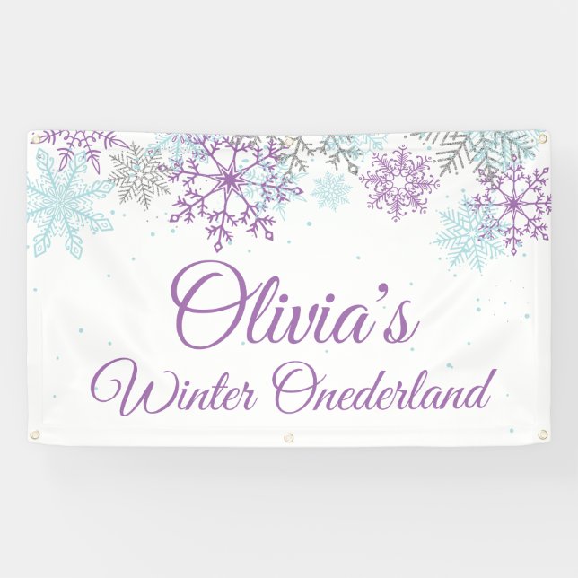 Winter Onederland Purple Blue Snowflakes Banner (Horizontal)
