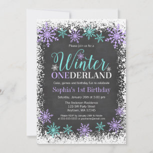 Winter ONEderland Purple Chalkboard 1st Birthday Invitation