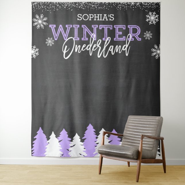 Winter Onederland Purple Chalkboard Backdrop Tapestry (In Situ)