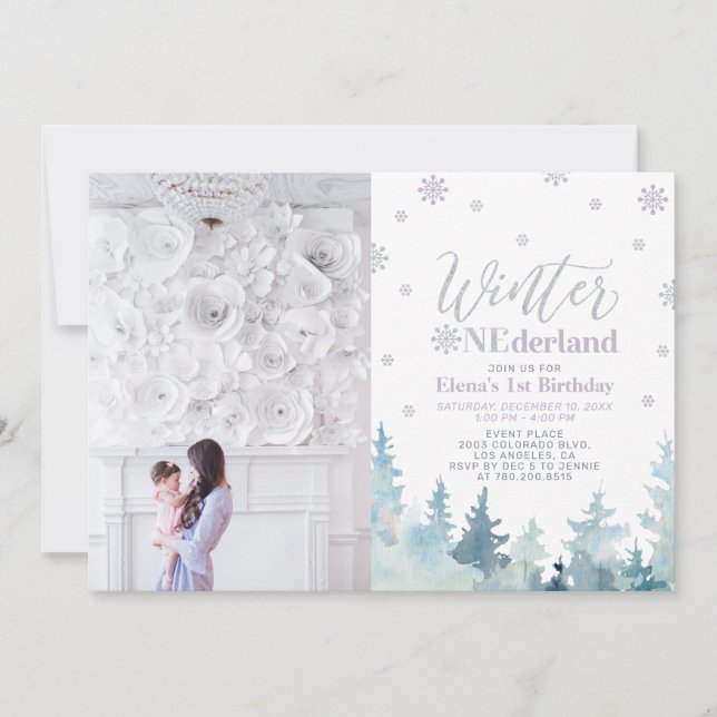 Winter Onederland Purple Girl 1st Birthday Photo Invitation (Front)
