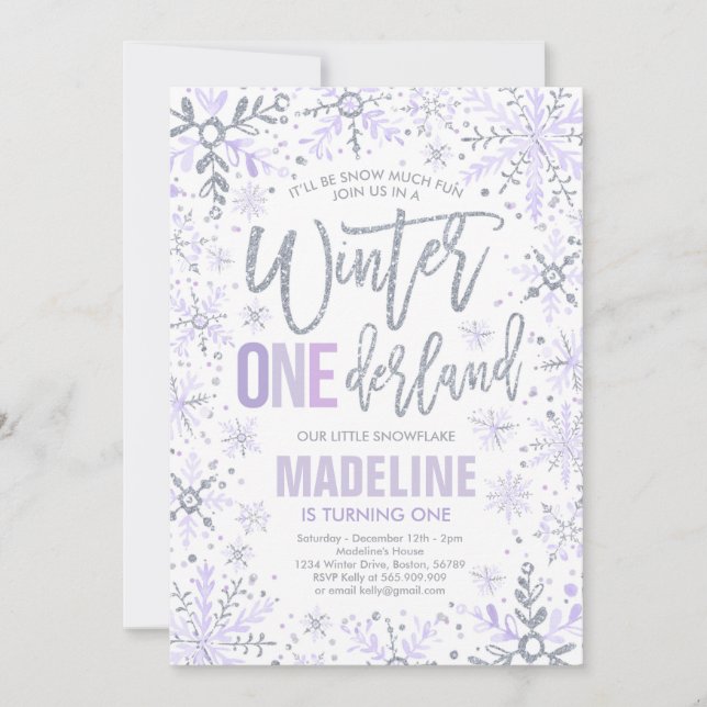 Winter ONEderland Purple Silver Snowflake Birthday Invitation (Front)