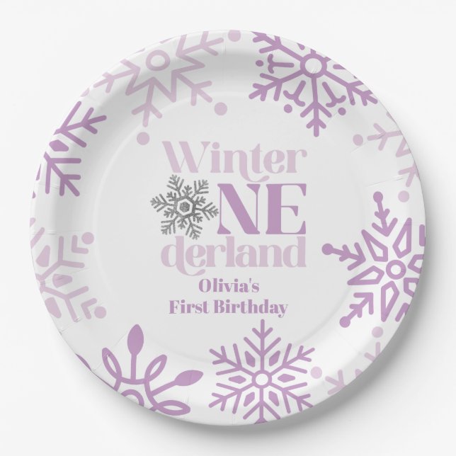 Winter Onederland Purple Snowflake 1st Birthday Paper Plate (Front)