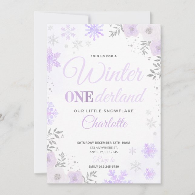 Winter ONEderland Purple Snowflake 1st Invitation (Front)