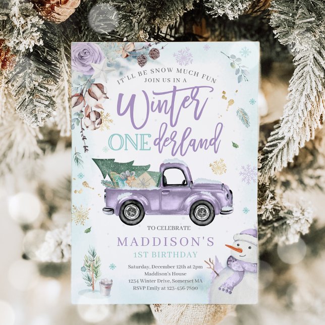 Winter ONEderland Purple Winter Truck Snowman Invitation (Creator Uploaded)