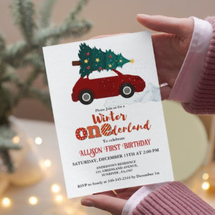 Winter Onederland Red Car with Tree 1St Birthday  Invitation