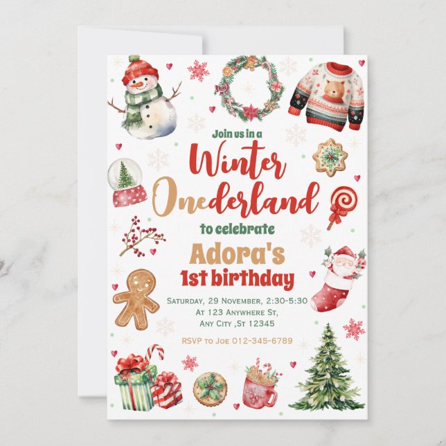 Winter ONEderland Red Christmas Birthday Invite (Front)