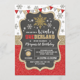 Winter Onederland  Red Gold Snowflake 1st Birthday Invitation
