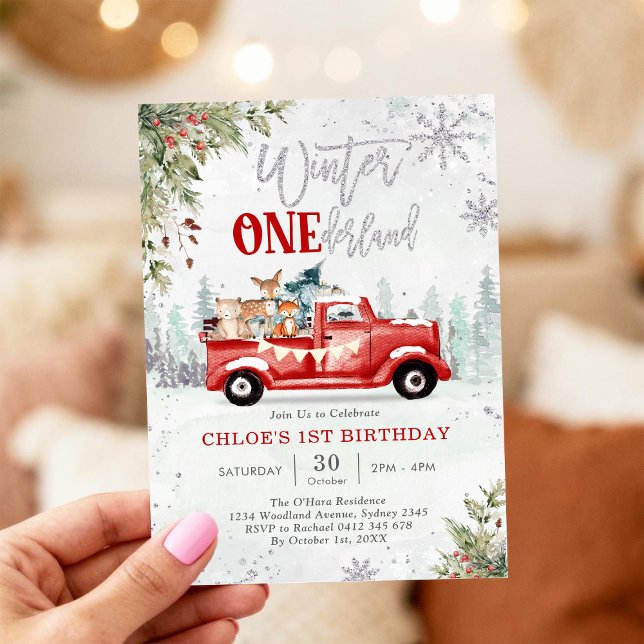 Winter ONEderland Red Truck 1st Birthday Invitatio Invitation (Creator Uploaded)