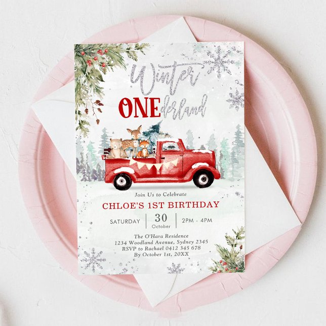 Winter ONEderland Red Truck 1st Birthday Invitation (Creator Uploaded)