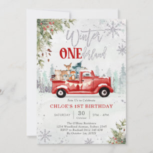 Winter ONEderland Red Truck 1st Birthday Invitation