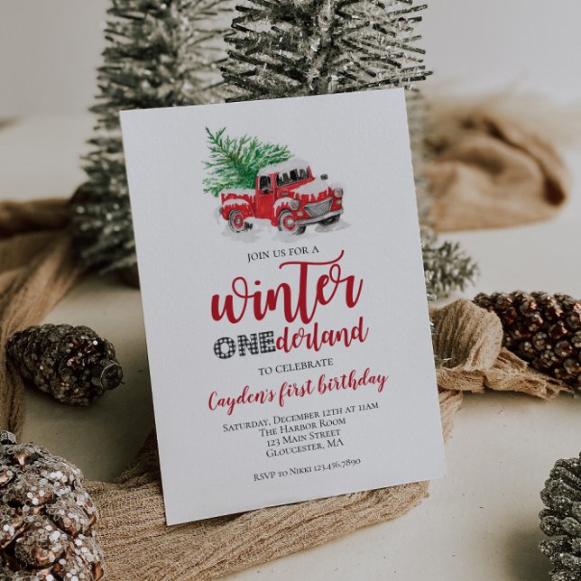 Winter Onederland Red Truck First Birthday Invitation (Creator Uploaded)