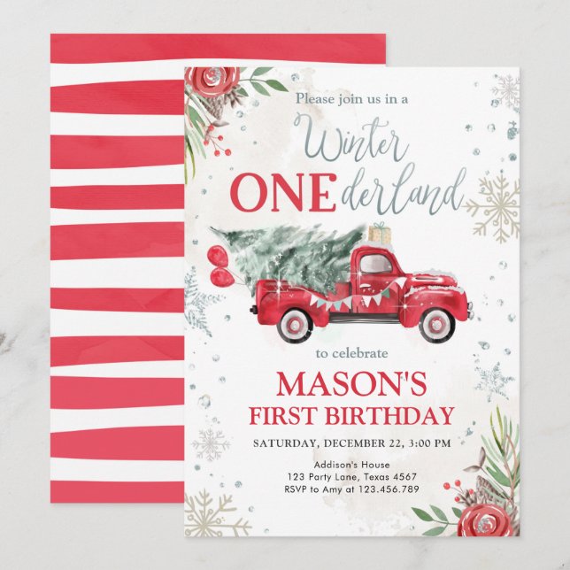 Winter Onederland Red Truck First Birthday Invitation (Front/Back)