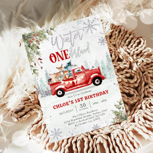 Winter ONEderland Red Truck Girl 1st Birthday  Invitation