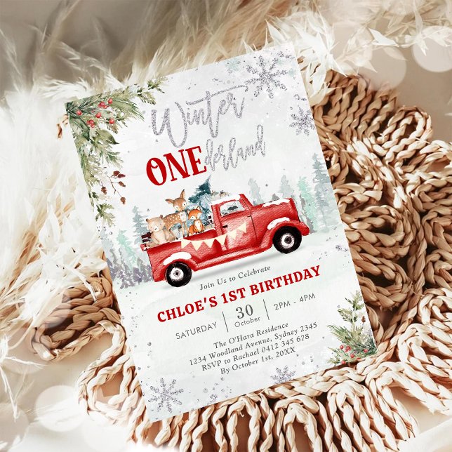 Winter ONEderland Red Truck Girl 1st Birthday  Invitation (Creator Uploaded)