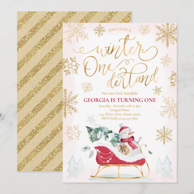 Winter ONEderland Red Winter Sleigh 1st Birthday Invitation (Front/Back)