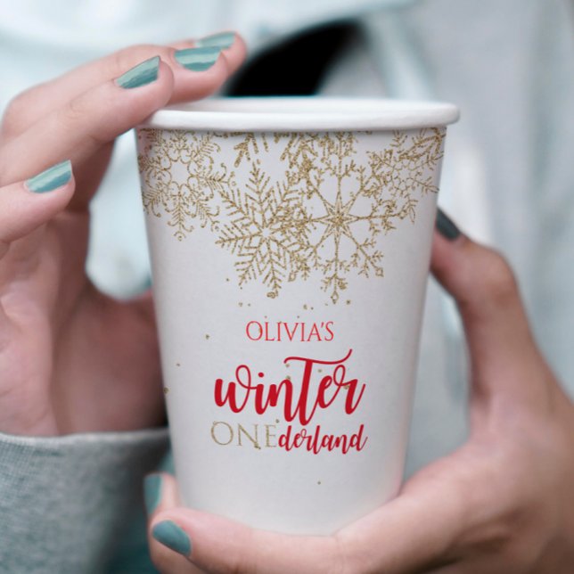 Winter ONEderland Red with Gold Snowflake Birthday Paper Cups (Creator Uploaded)