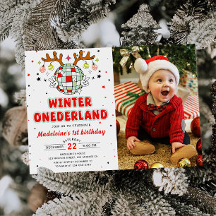 Winter Onederland Retro Christmas Birthday Photo Invitation