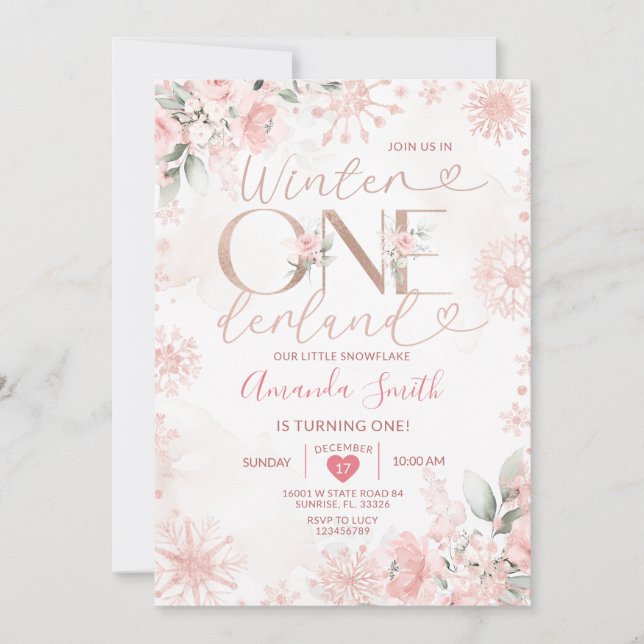 Winter Onederland Rose Gold Snowflake 1st Birthday Invitation (Front)