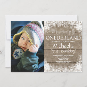 Winter Onederland Rustic 1st Birthday Photo Invitation