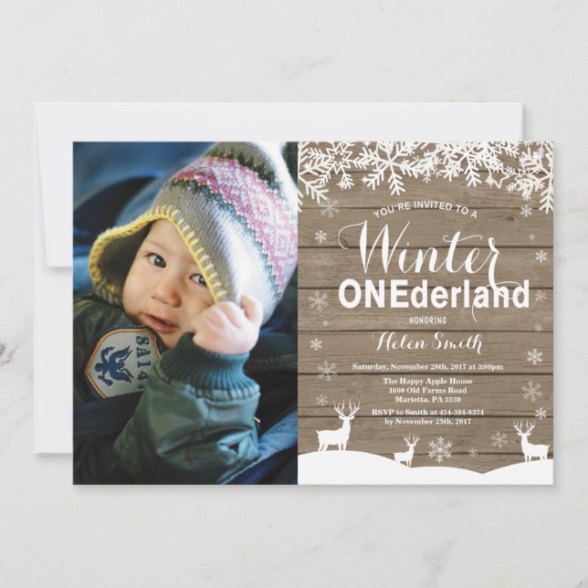 Winter Onederland Rustic 1st Birthday Photo Invitation (Front)