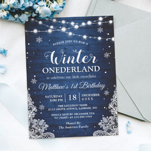 Winter ONEderland Rustic Blue Baby First Birthday Invitation