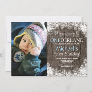 Winter Onederland Rustic Boy 1st Birthday Photo Invitation