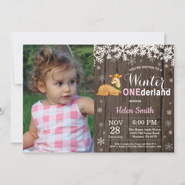Winter Onederland Rustic Deer Girl 1st Birthday Invitation (Front)