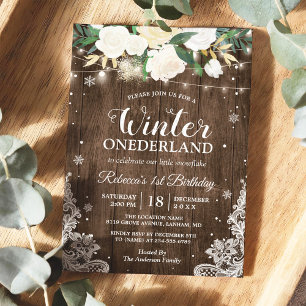 Winter ONEderland Rustic Floral Baby 1st Birthday Invitation