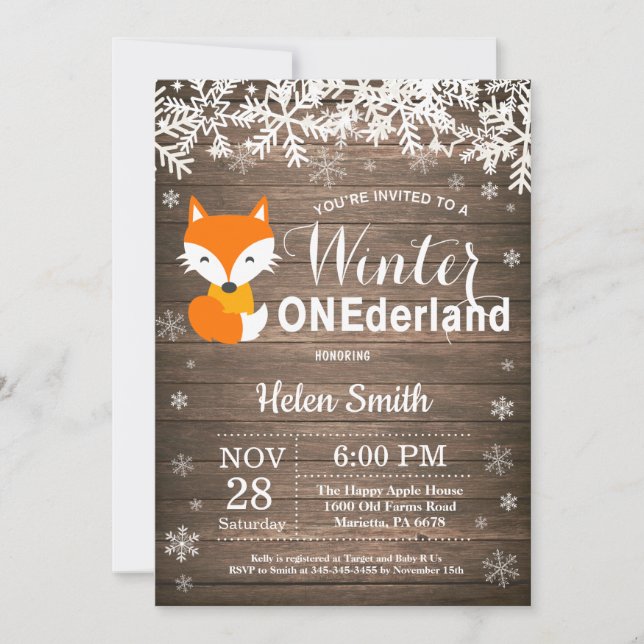 Winter Onederland Rustic Fox 1st Birthday Invitation (Front)